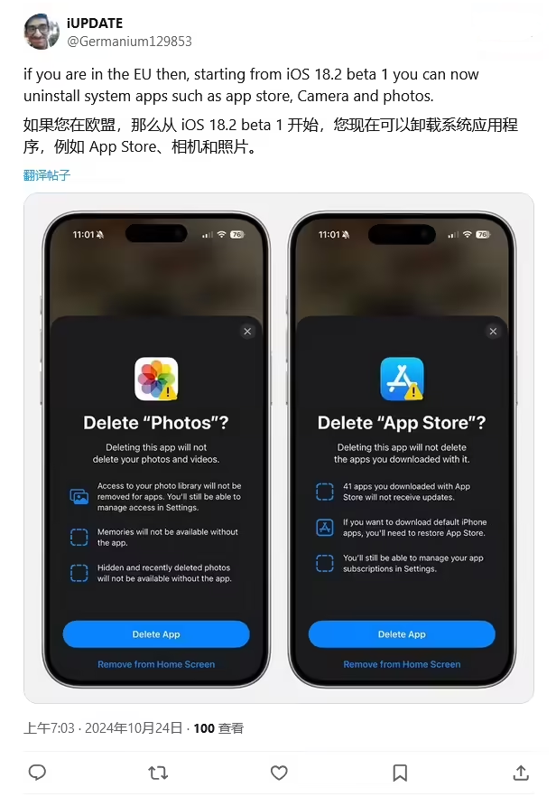 西城苹果手机维修分享iOS 18.2 支持删除 App Store 应用商店 