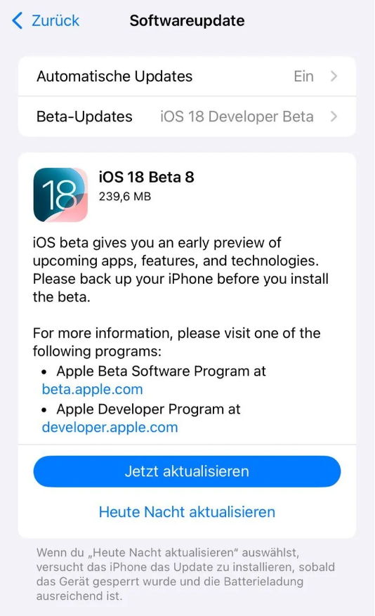 西城苹果手机维修分享苹果 iOS / iPadOS 18 开发者预览版 Beta 8 发布 